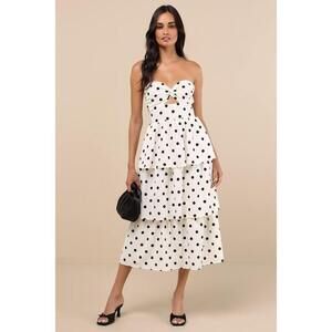 Lulus Modie White Polka Dot Twist-front Lace-up Midi Dress - Size L